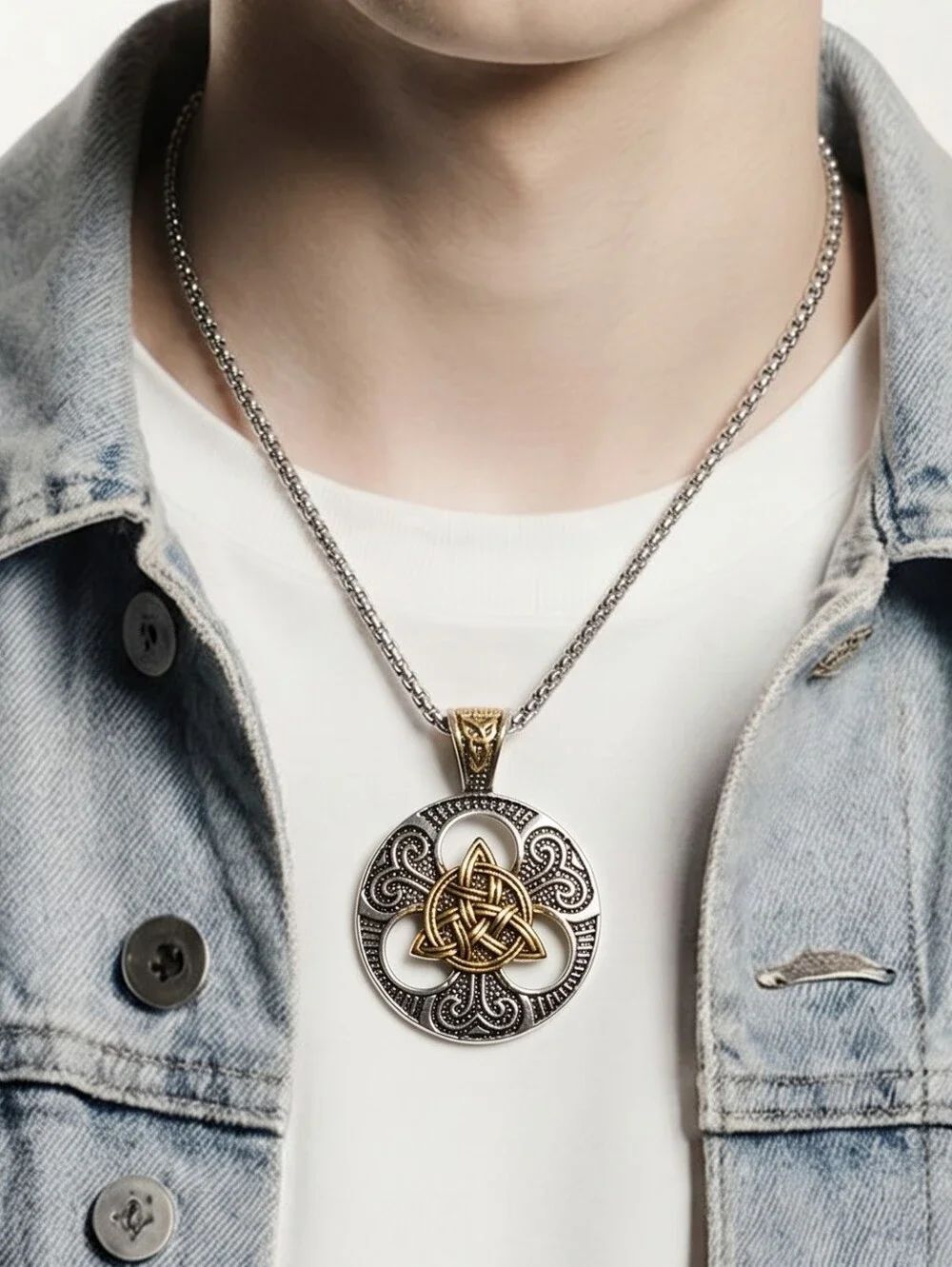 Celtic Cross Trinity Knot Medallion Necklace Silver Gold Titanium Steel 24" NIP